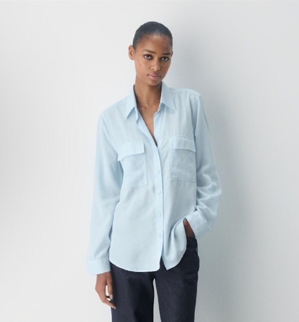Aritzia Babaton Women's L Utility Shirt Top Button Down Blue Casual Tab Sleeve
